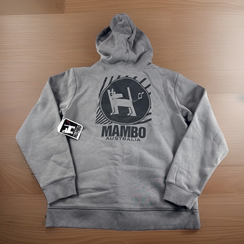 Mambo Australia Hoodie Men L Farting Dog Logo Gray Zip Up Sweatshirt Sweater NEW